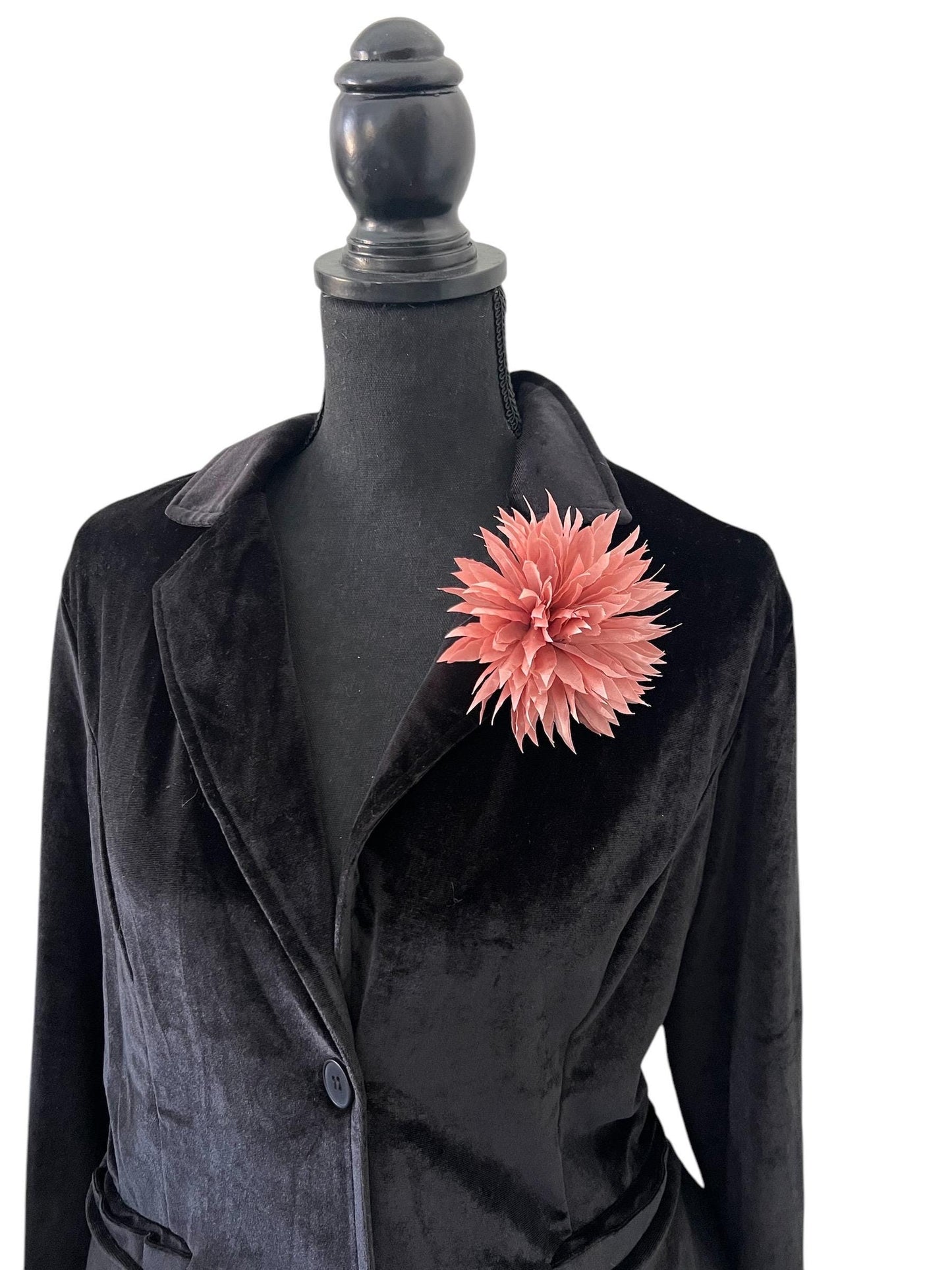 Handcrafted Satin Flower Pin: Elegant Black & Red Accent