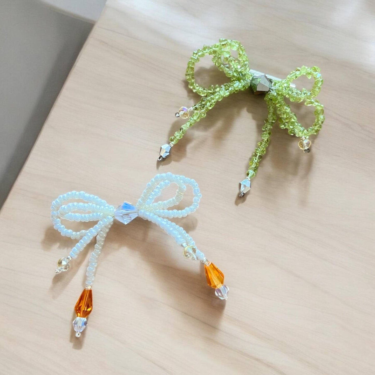 Handcrafted Double Bow Pin: Stone Chip Beaded Brooch