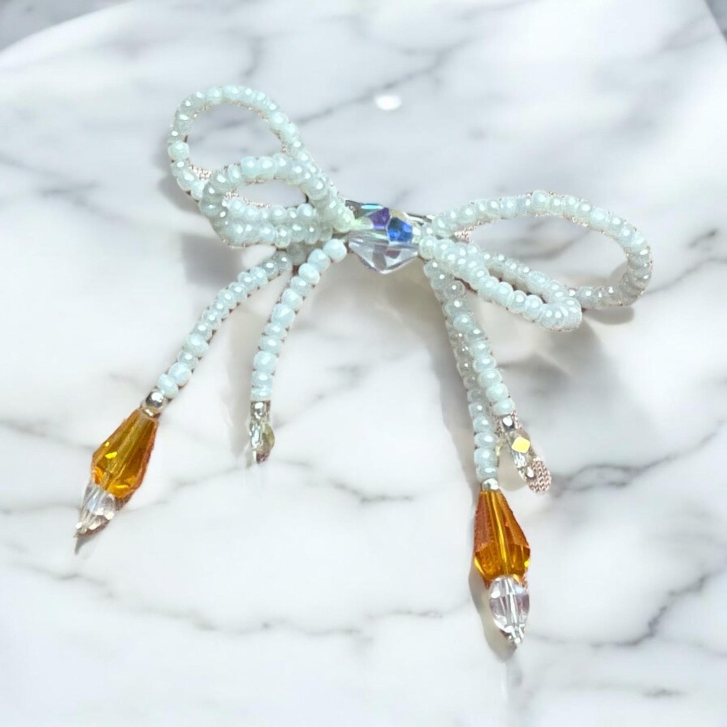 Handcrafted Double Bow Pin: Stone Chip Beaded Brooch