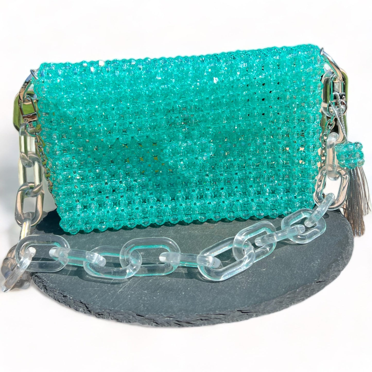Teal Beaded Shoulder Bag: Modern Acrylic Chain Crossbody