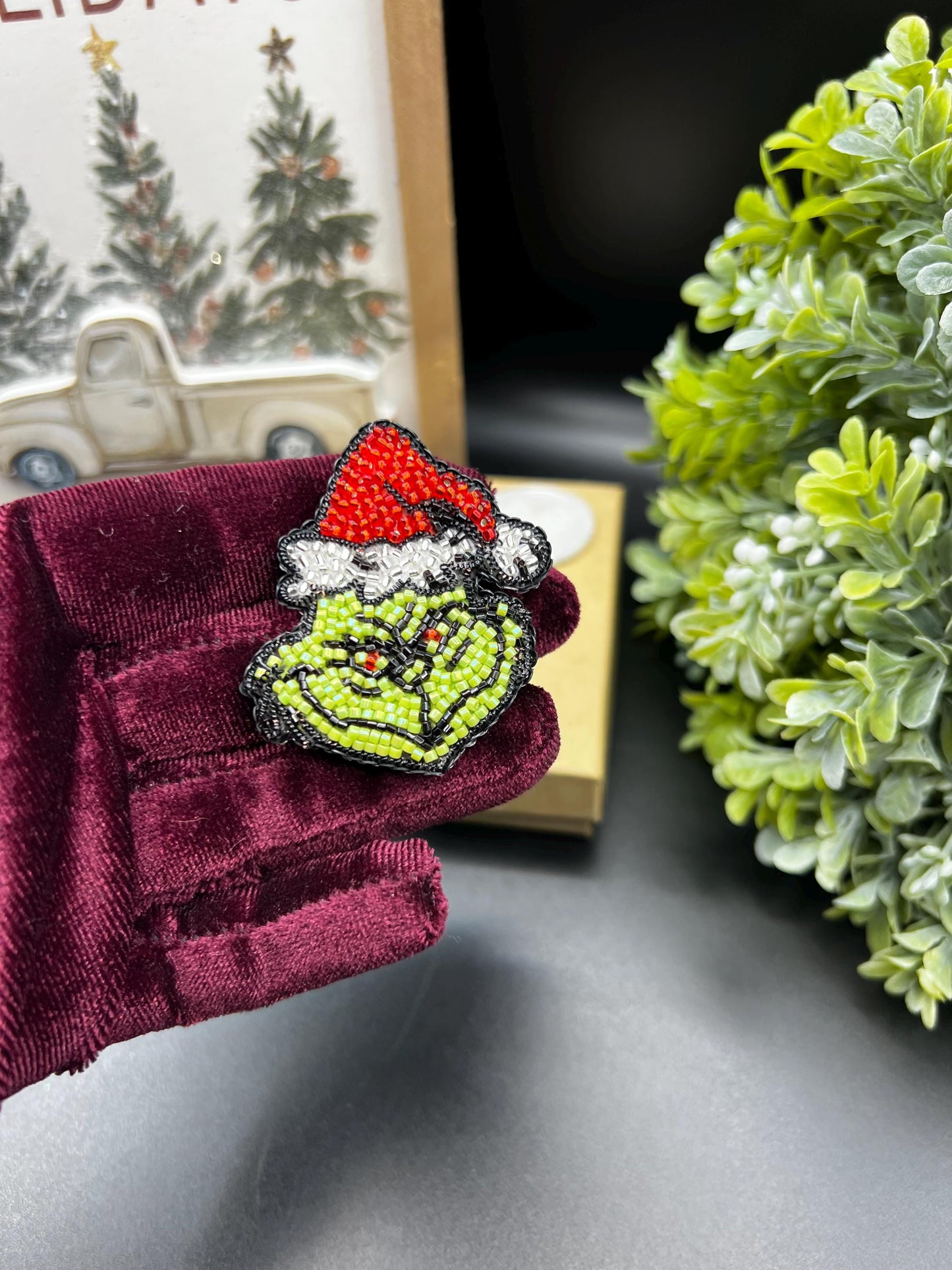 Beaded Christmas Brooch: Holiday Car, Tree, Bells, Snowman