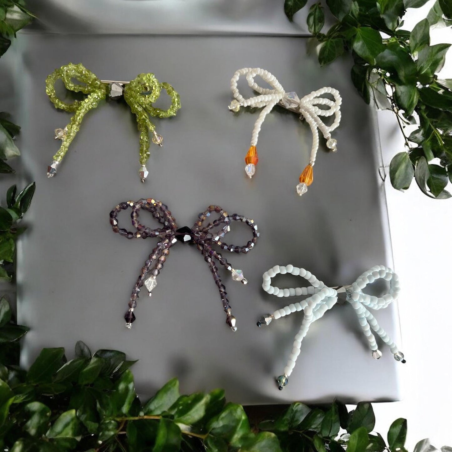 Handcrafted Double Bow Pin: Stone Chip Beaded Brooch