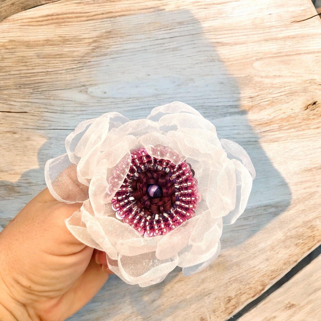 Handcrafted Organza Anemone Flower Pin: Embroidered Beaded Hair Clip