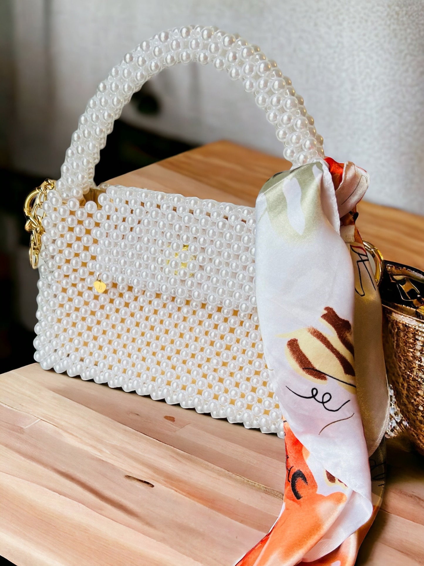 Pearl crossbody, white designer bag, imitation Pearl beaded handbag
