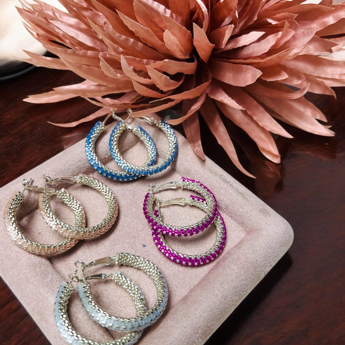 Shimmering peyote stitch hoop earrings, summer hoop earrings