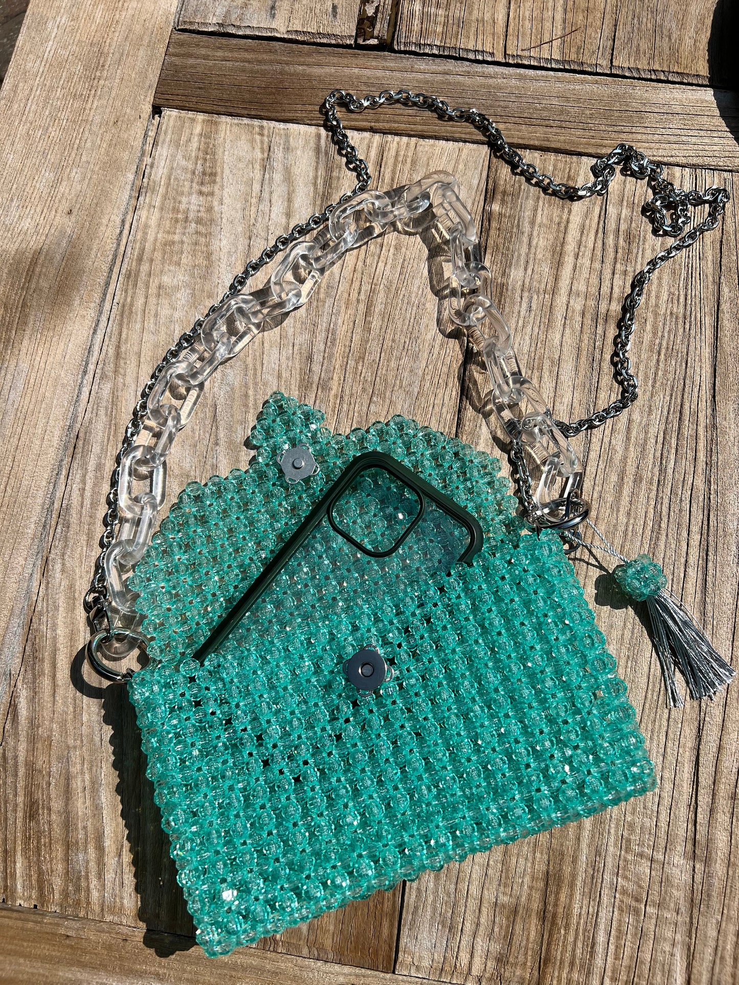 Teal Beaded Shoulder Bag: Modern Acrylic Chain Crossbody