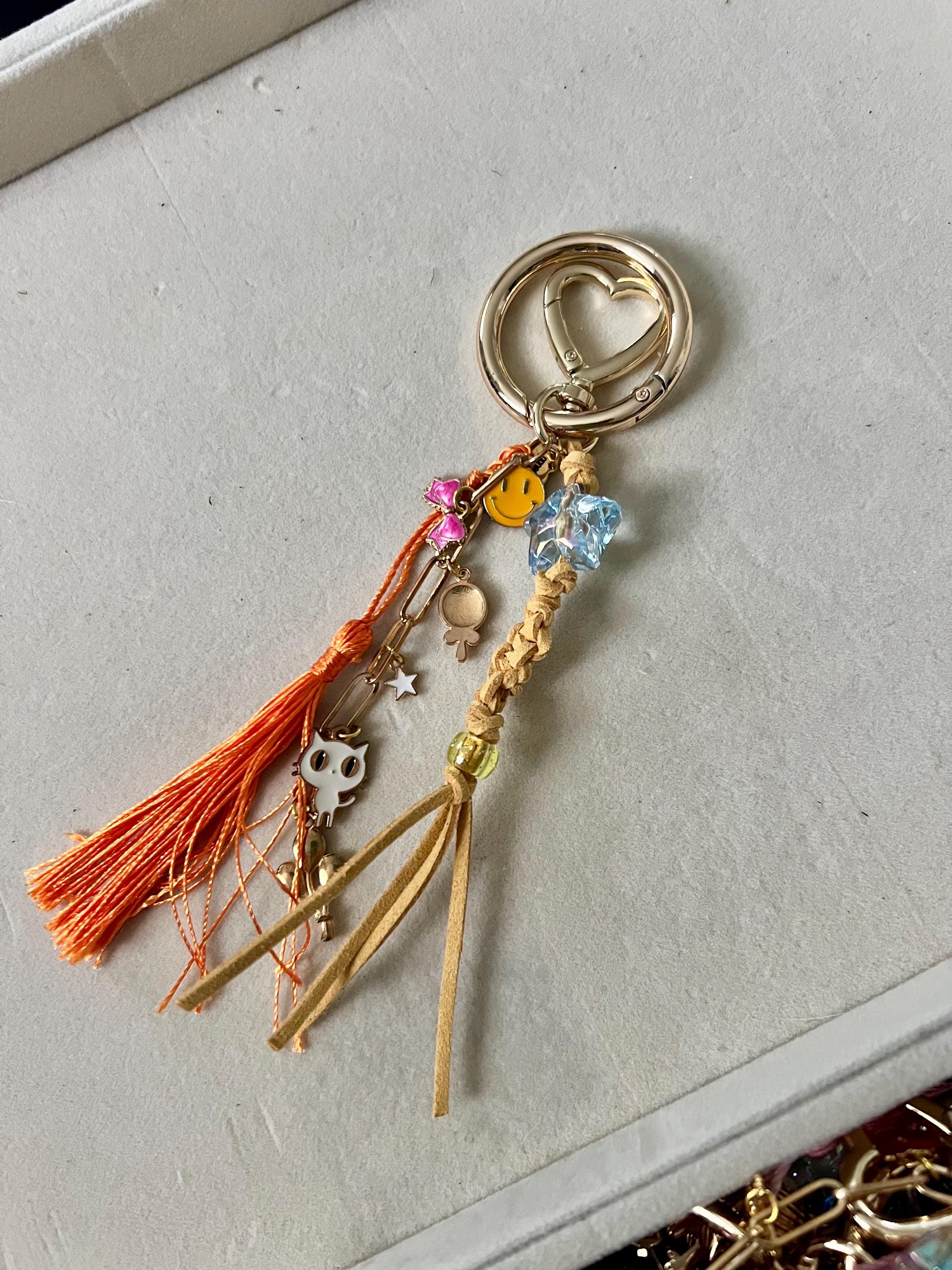 Boho bag charms: tassel keychains in gold