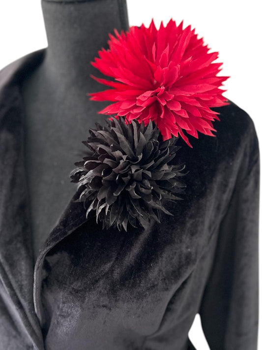 Handcrafted Satin Flower Pin: Elegant Black & Red Accent