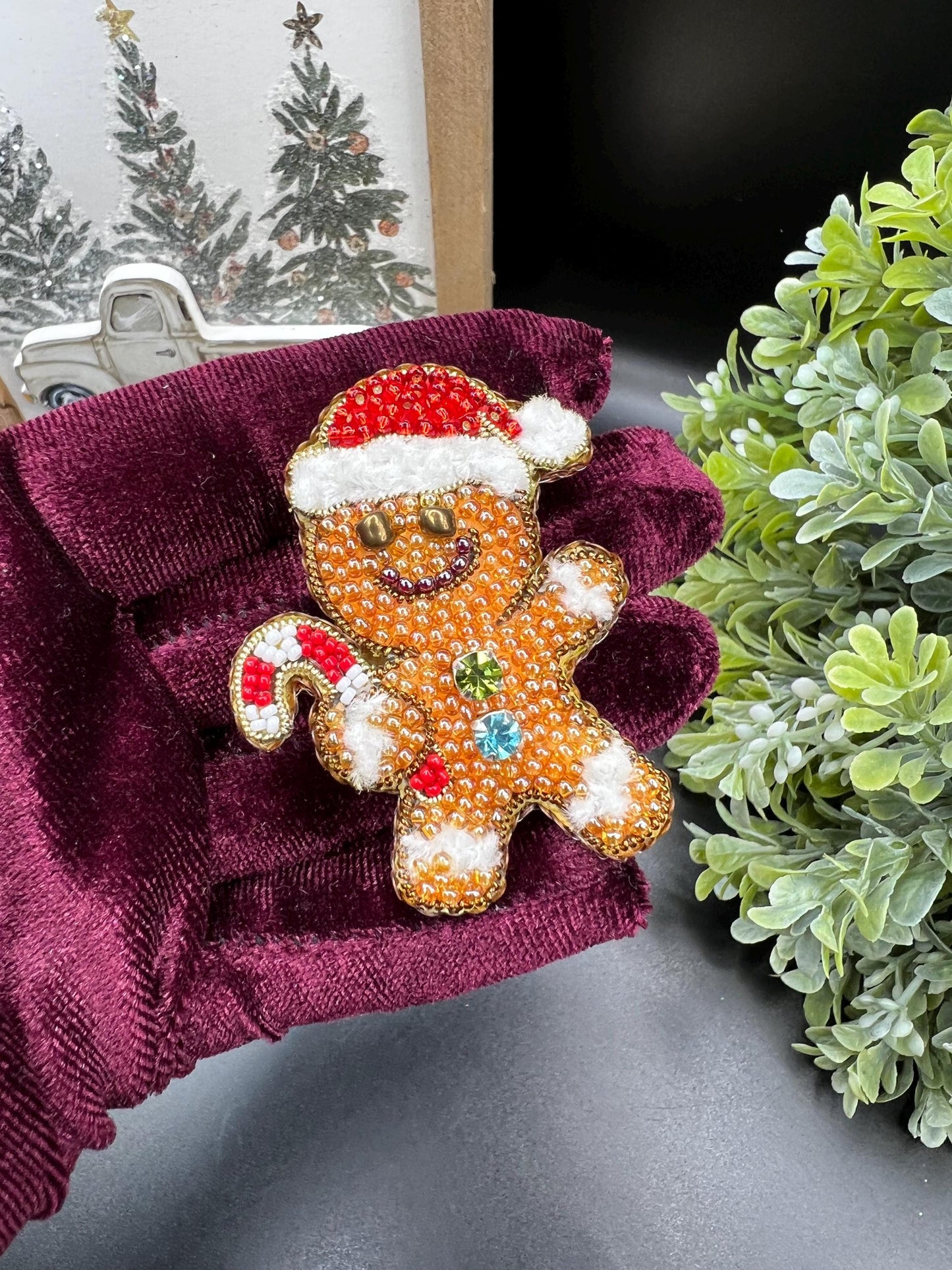 Beaded Christmas Brooch: Holiday Car, Tree, Bells, Snowman