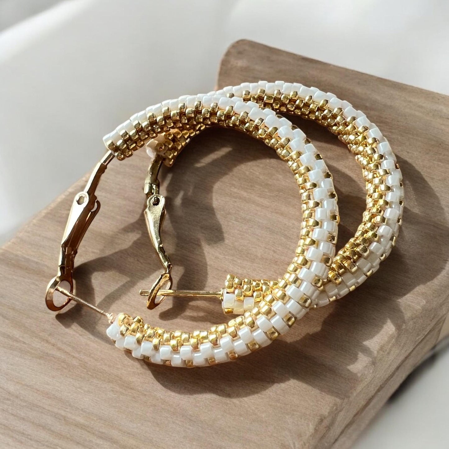 Shimmering peyote stitch hoop earrings, summer hoop earrings