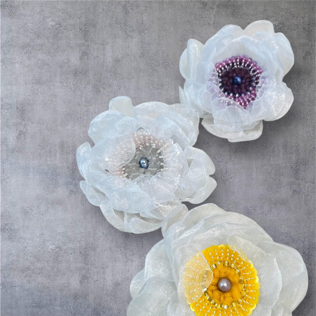 Handcrafted Organza Anemone Flower Pin: Embroidered Beaded Hair Clip