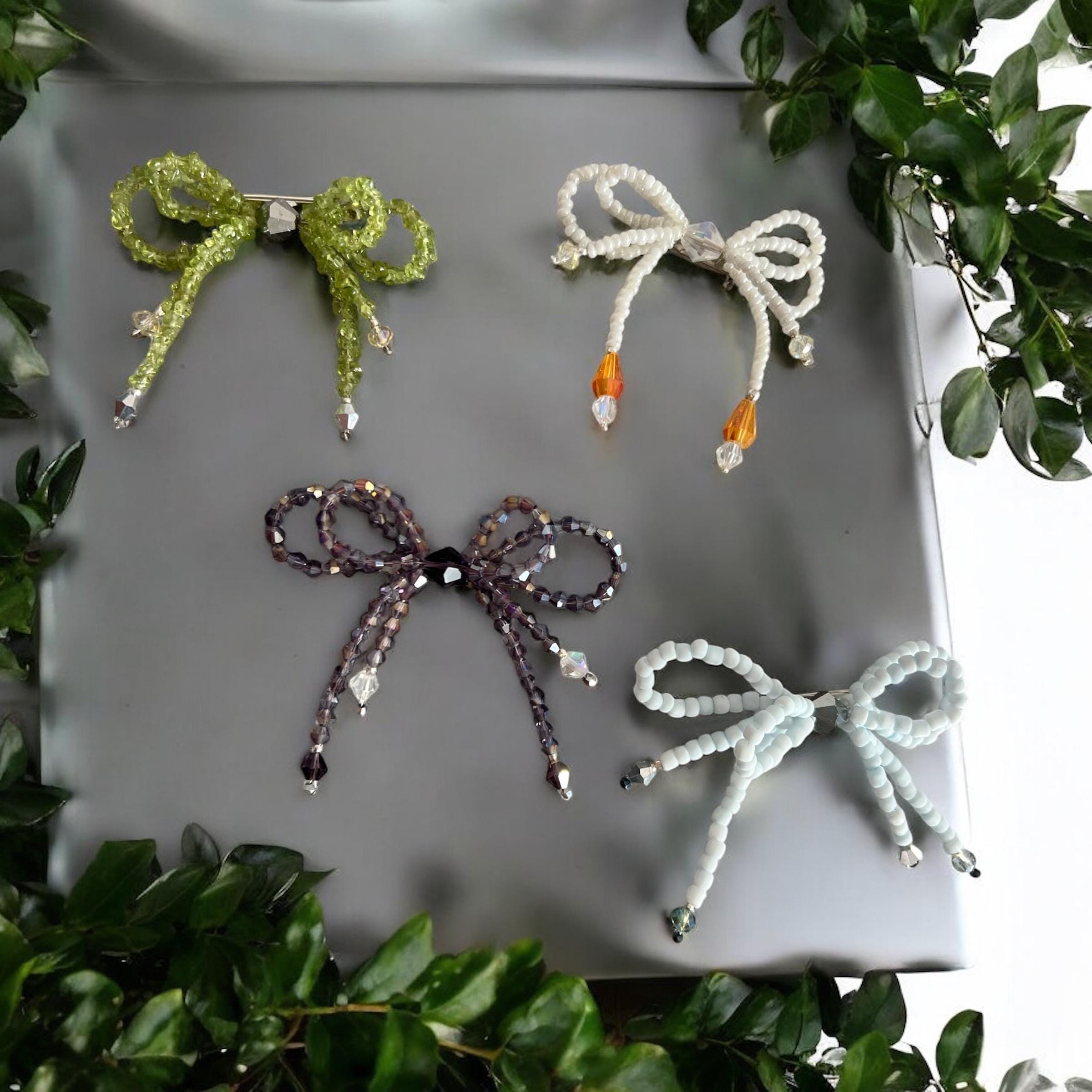 Handcrafted Double Bow Pin: Stone Chip Beaded Brooch