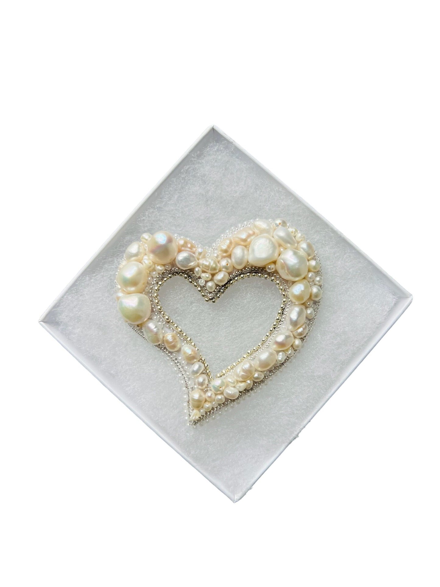 White Bliss: heart shaped freshwater pearl beads brooch/pin, pearl gift,