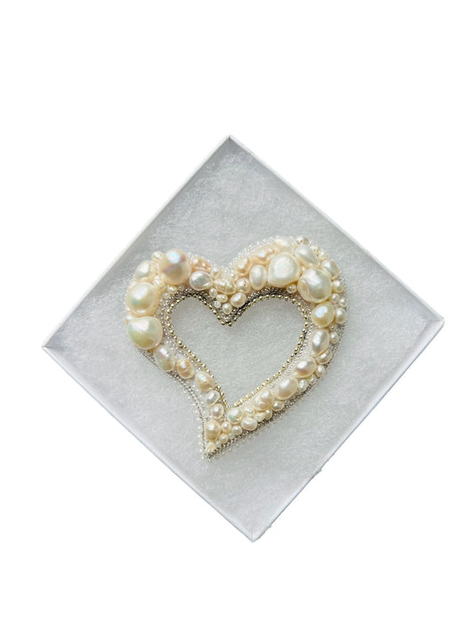 White Bliss: heart shaped freshwater pearl beads brooch/pin, pearl gift,