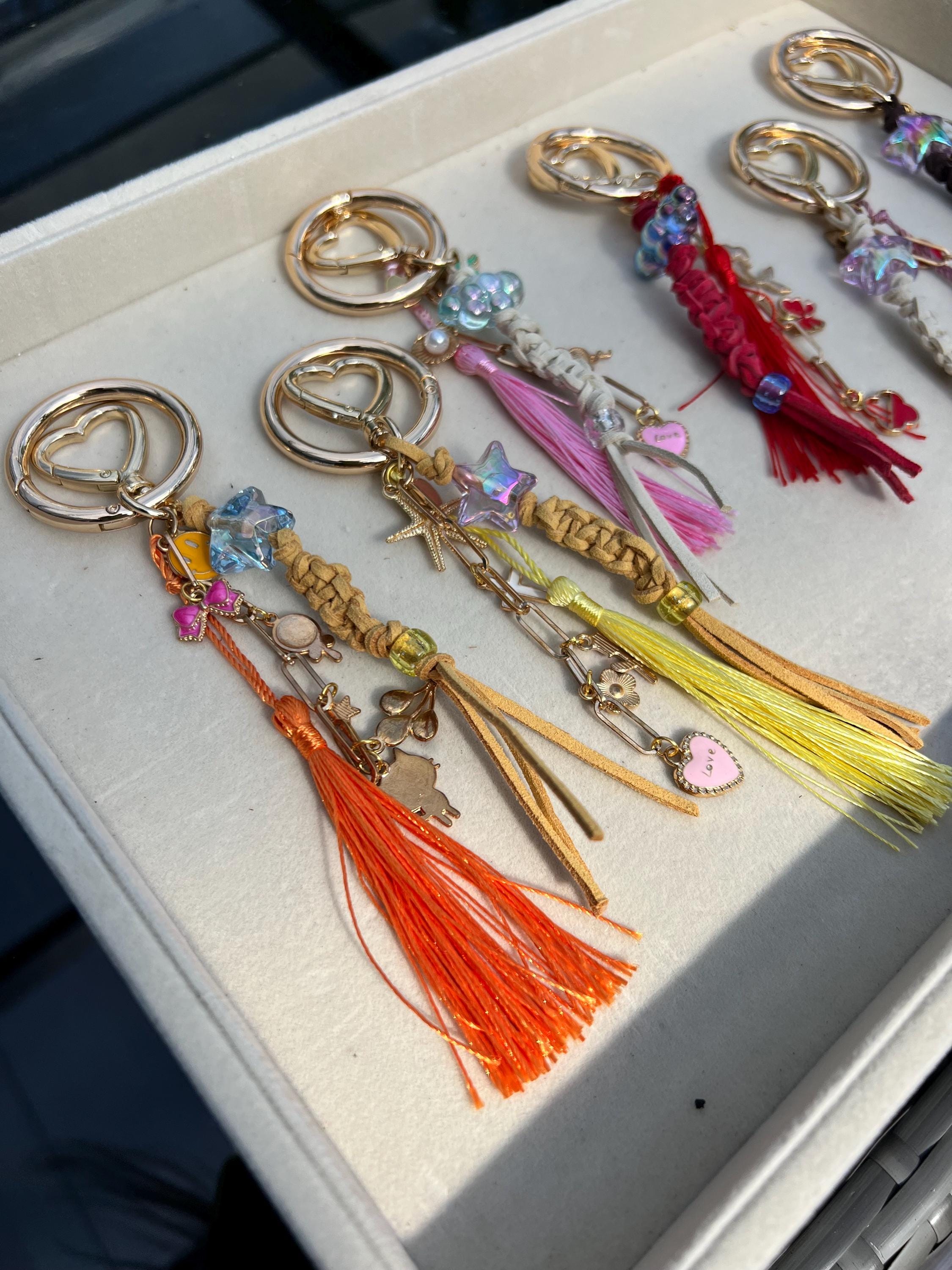 Boho bag charms: tassel keychains in gold
