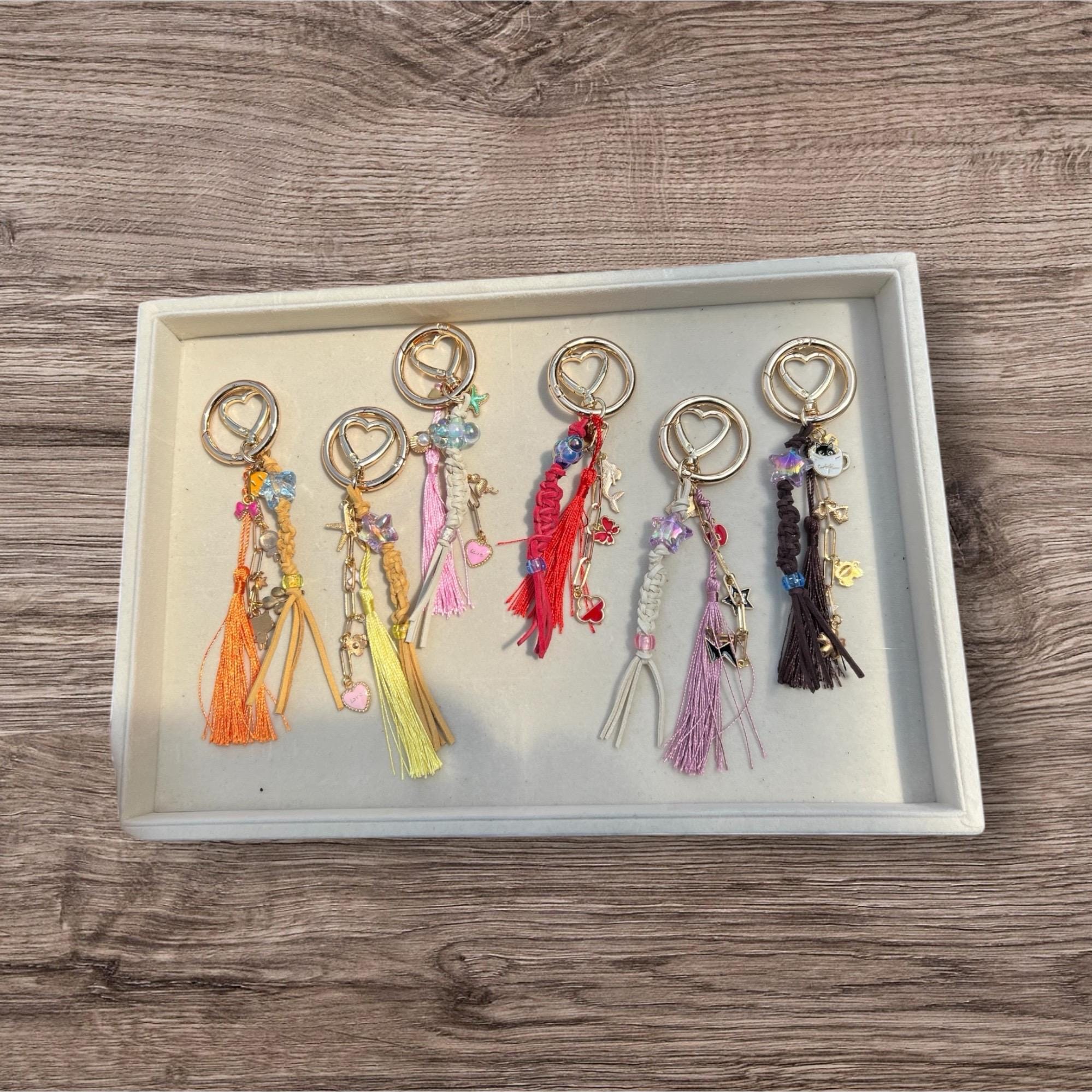 Boho bag charms: tassel keychains in gold