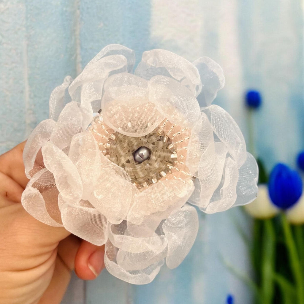 Handcrafted Organza Anemone Flower Pin: Embroidered Beaded Hair Clip