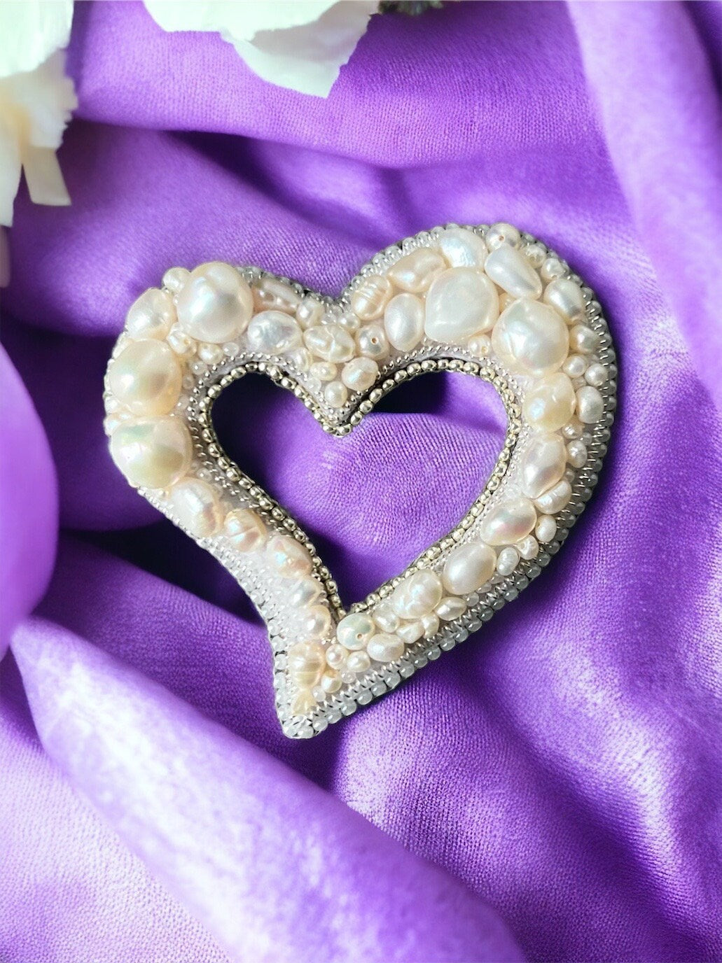 White Bliss: heart shaped freshwater pearl beads brooch/pin, pearl gift,