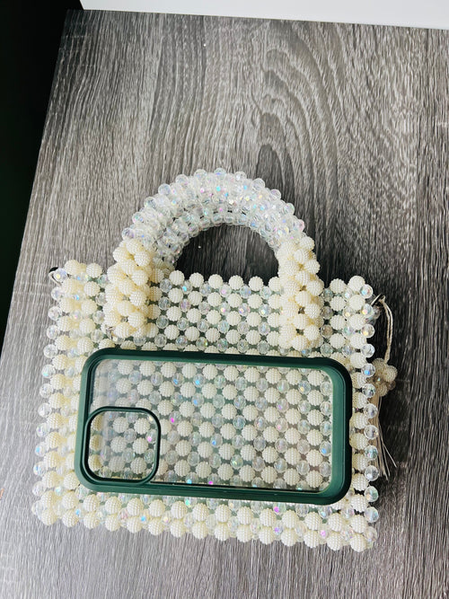 Beaded Crossbody Bag: Stylish White Handbag with Stainless Steel Strap
