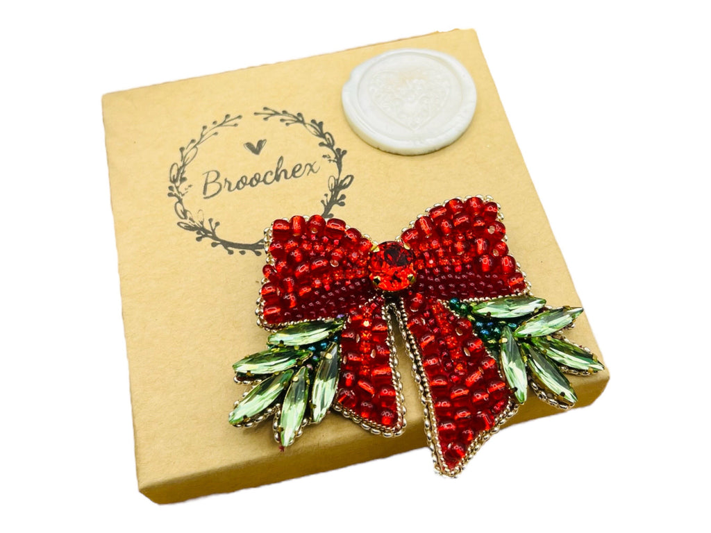 Red Crystal Bow Brooch: Festive Holiday Pin