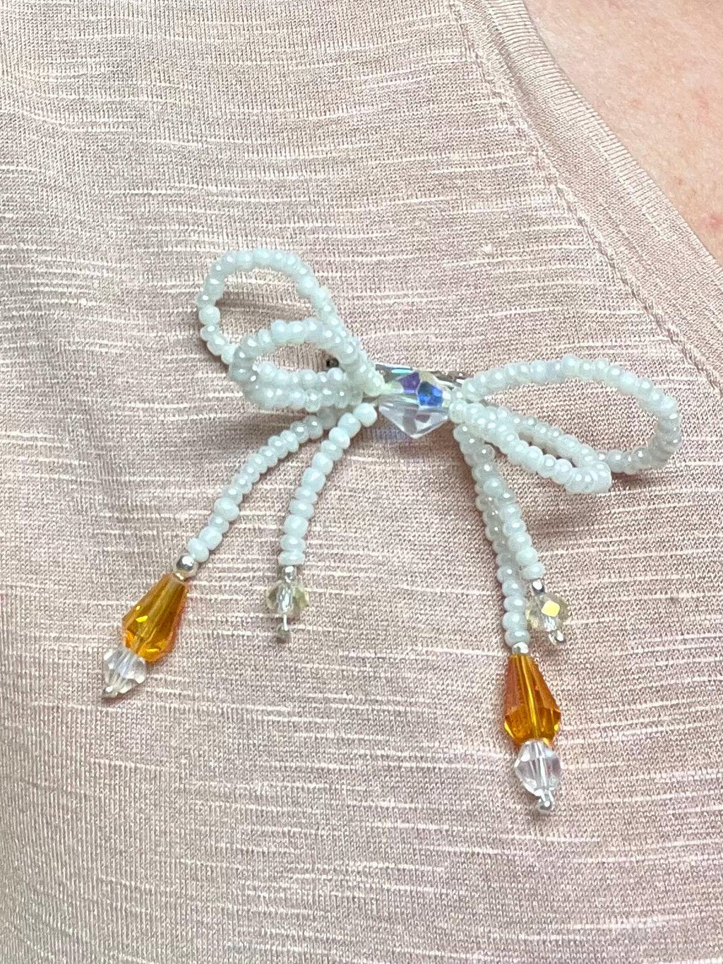Handcrafted Double Bow Pin: Stone Chip Beaded Brooch