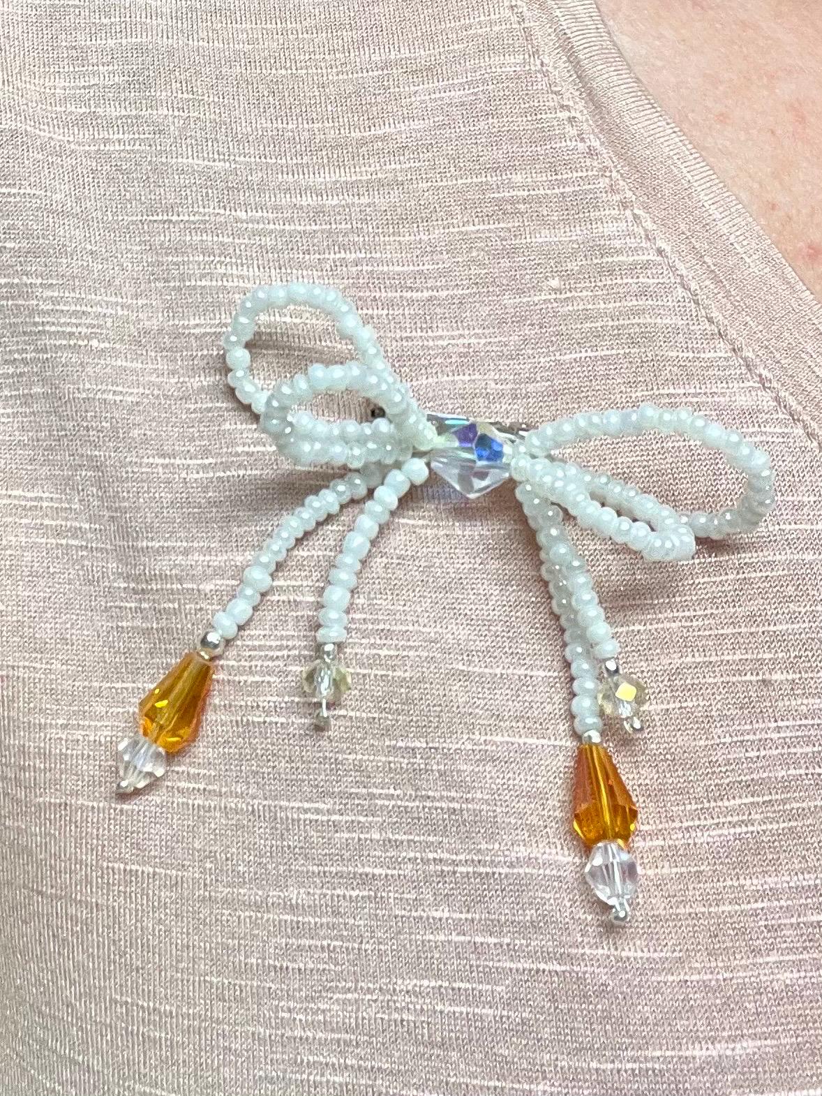 Handcrafted Double Bow Pin: Stone Chip Beaded Brooch