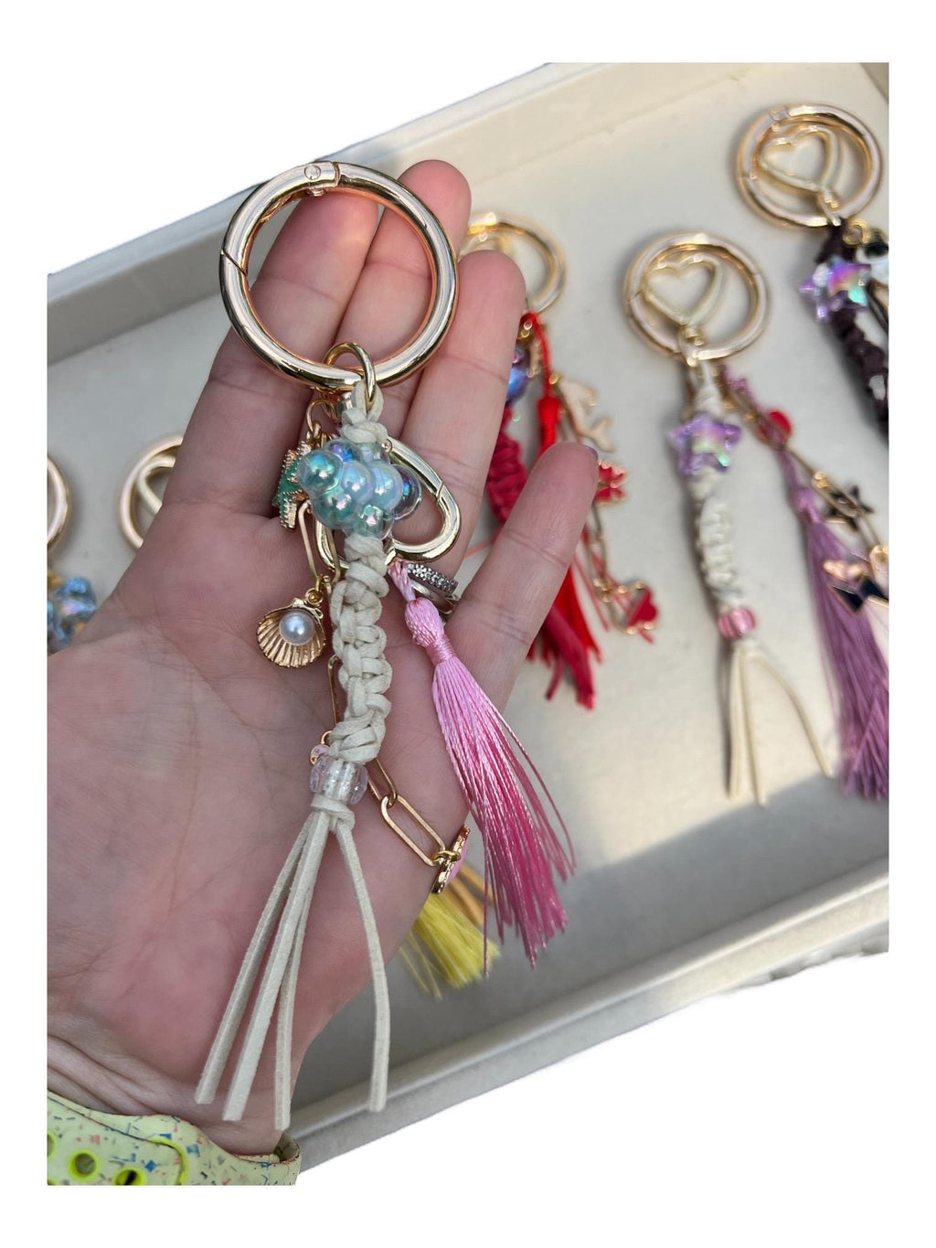 Boho bag charms: tassel keychains in gold