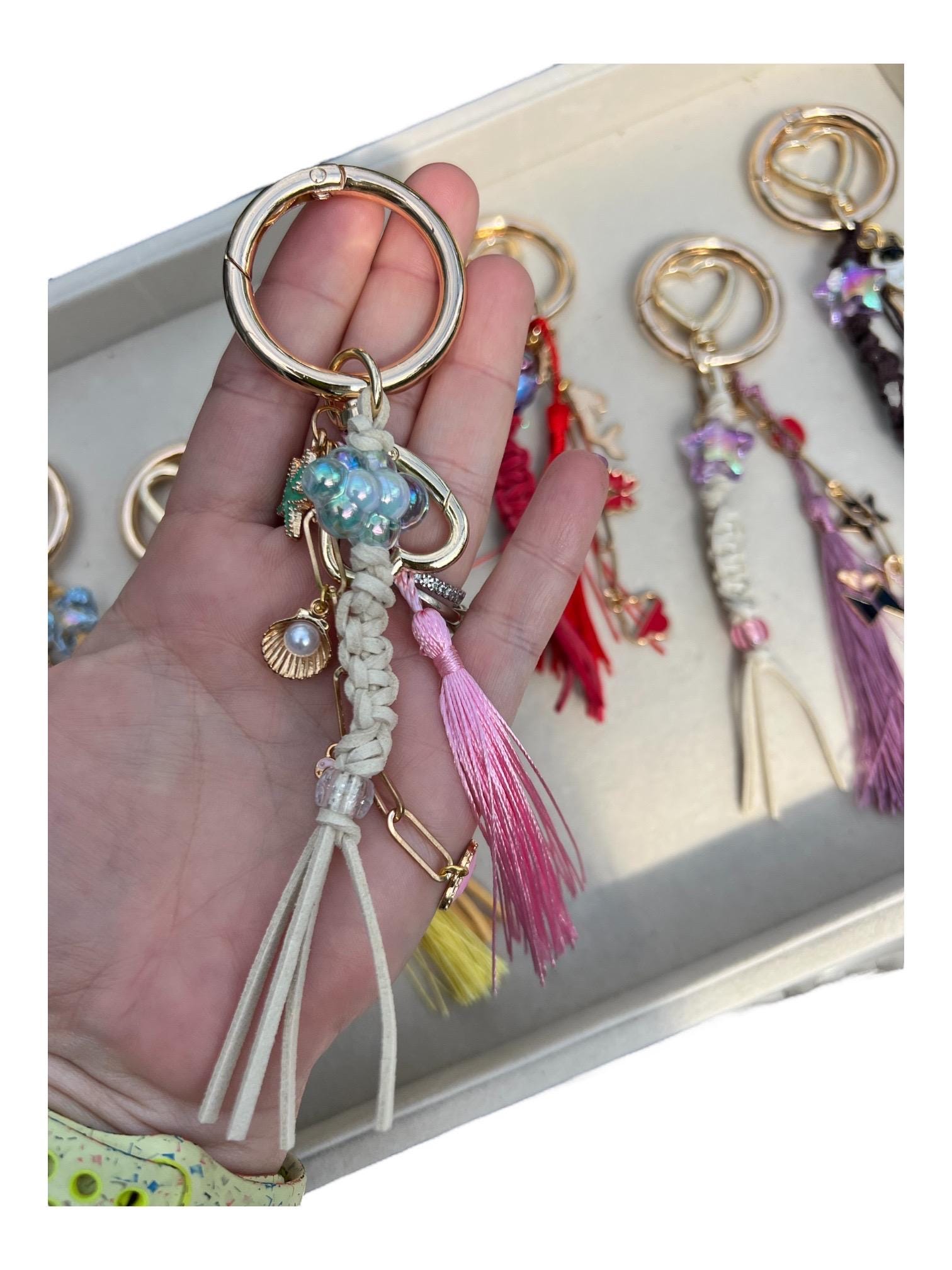 Boho bag charms: tassel keychains in gold