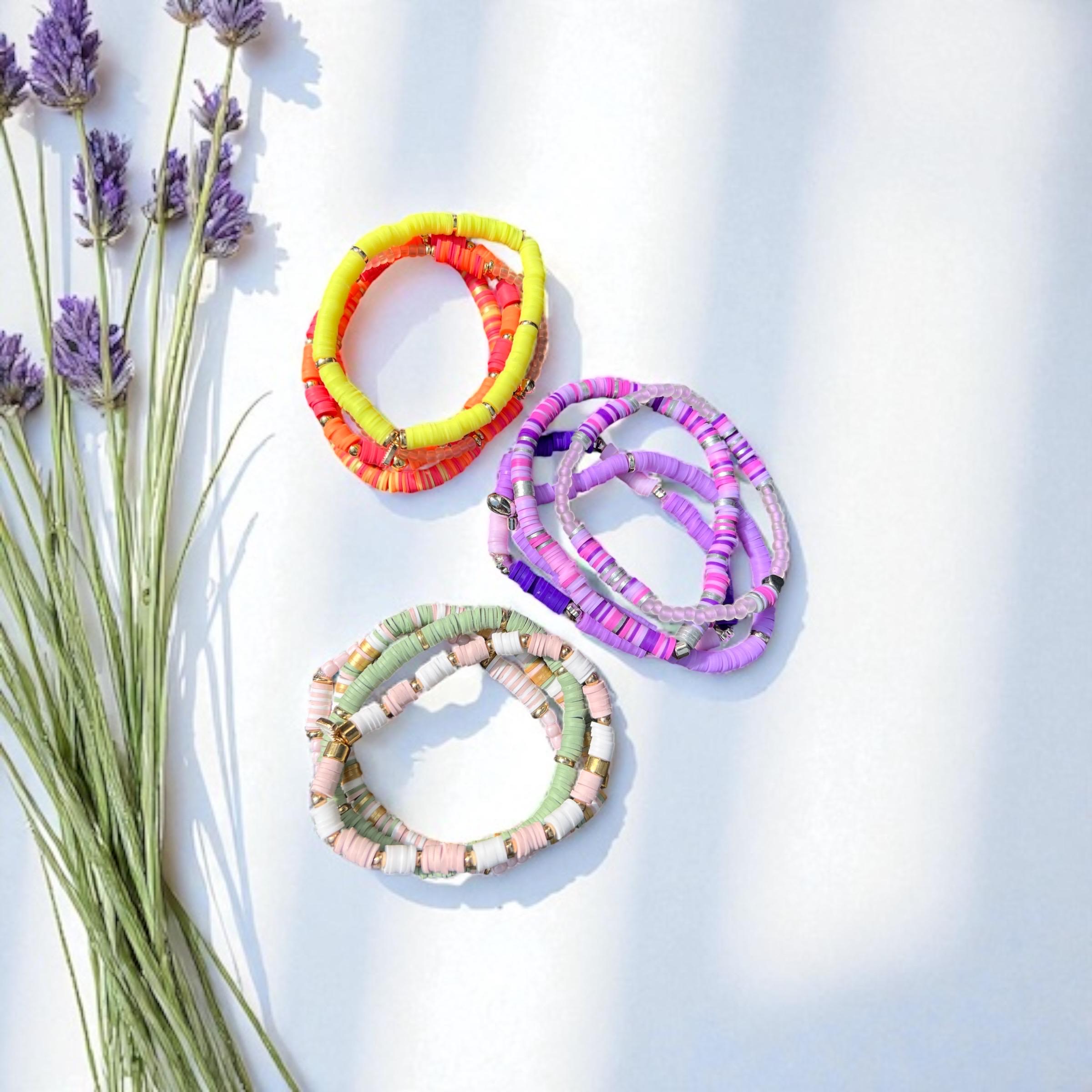 Polymer Clay Stacking Bracelets Set: Summer Elastic Beaded Jewelry