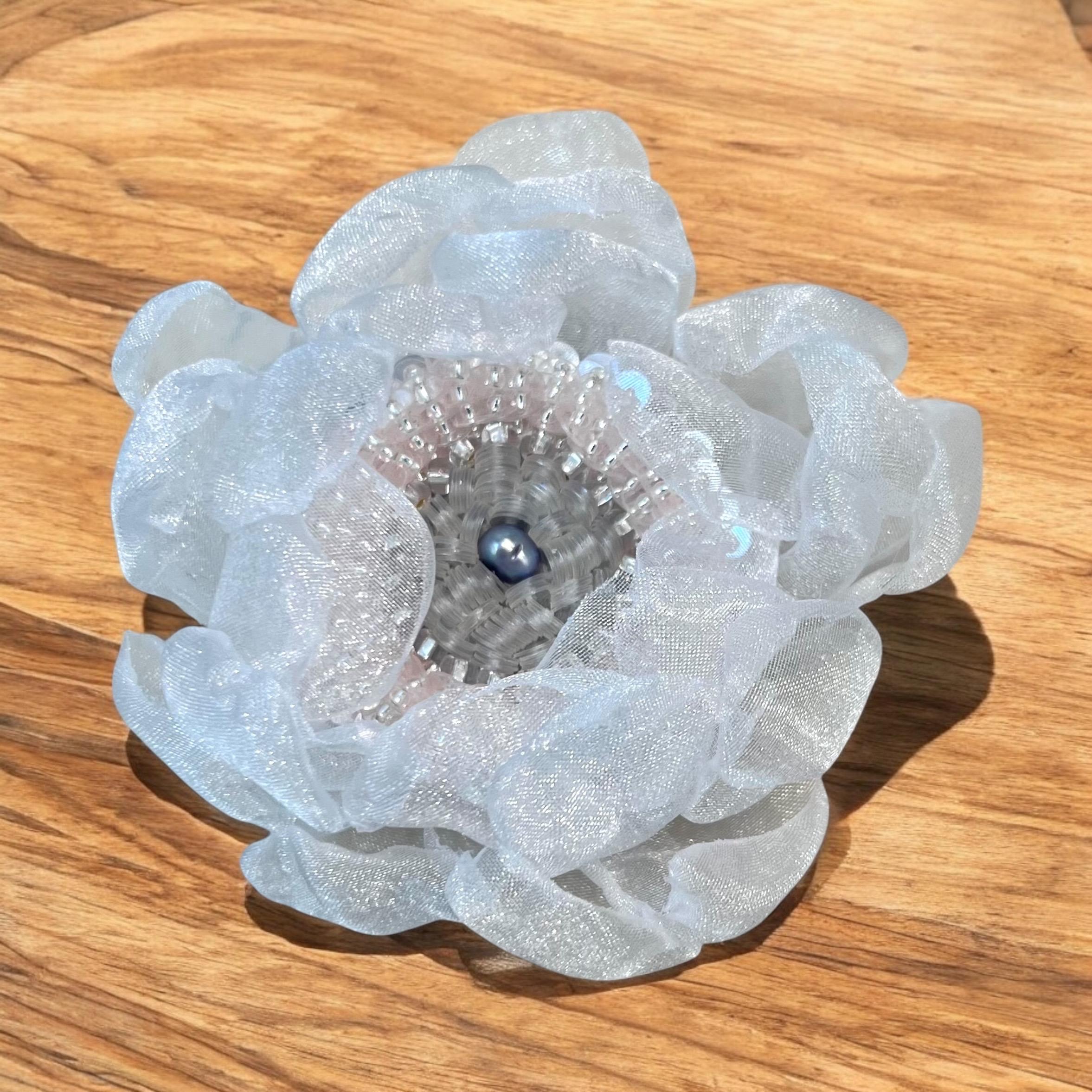 Handcrafted Organza Anemone Flower Pin: Embroidered Beaded Hair Clip