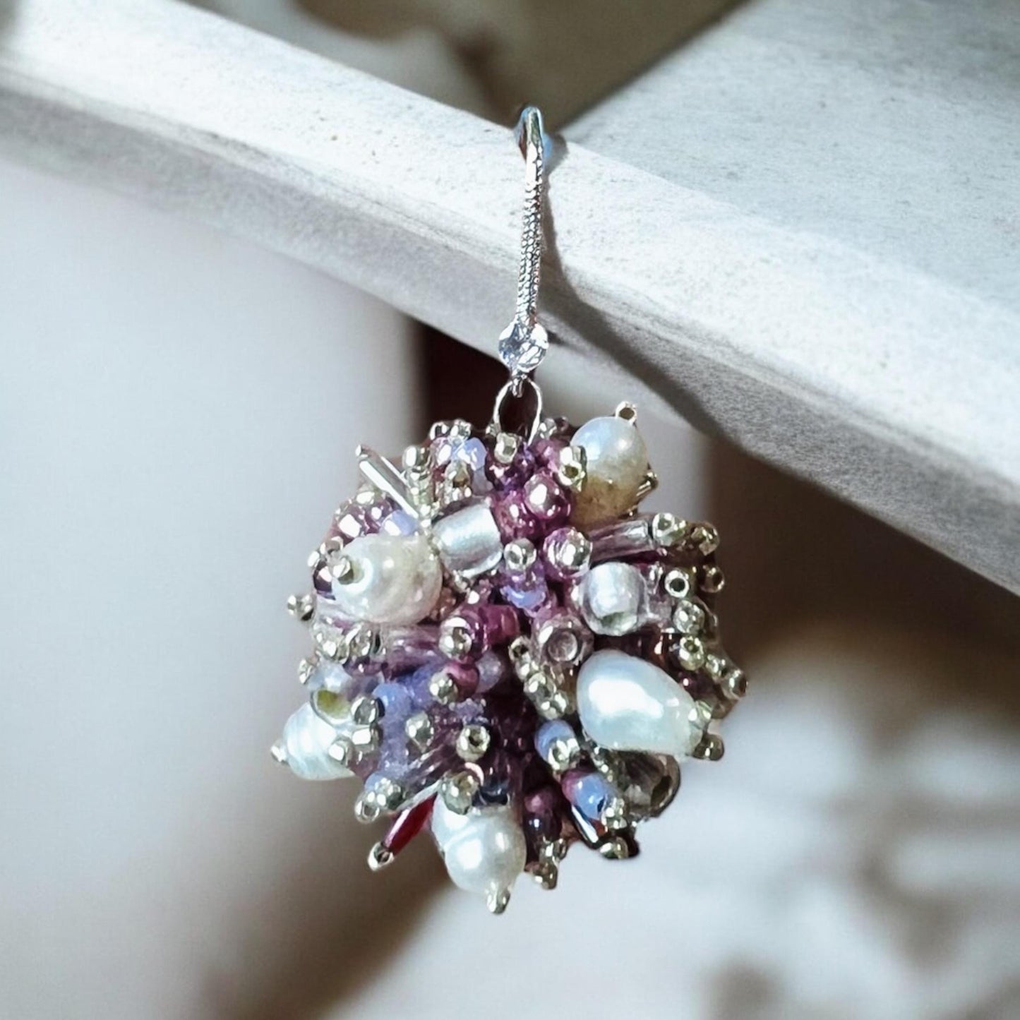 Blossom sphere earrings, Sphere beaded set, Pearl gift