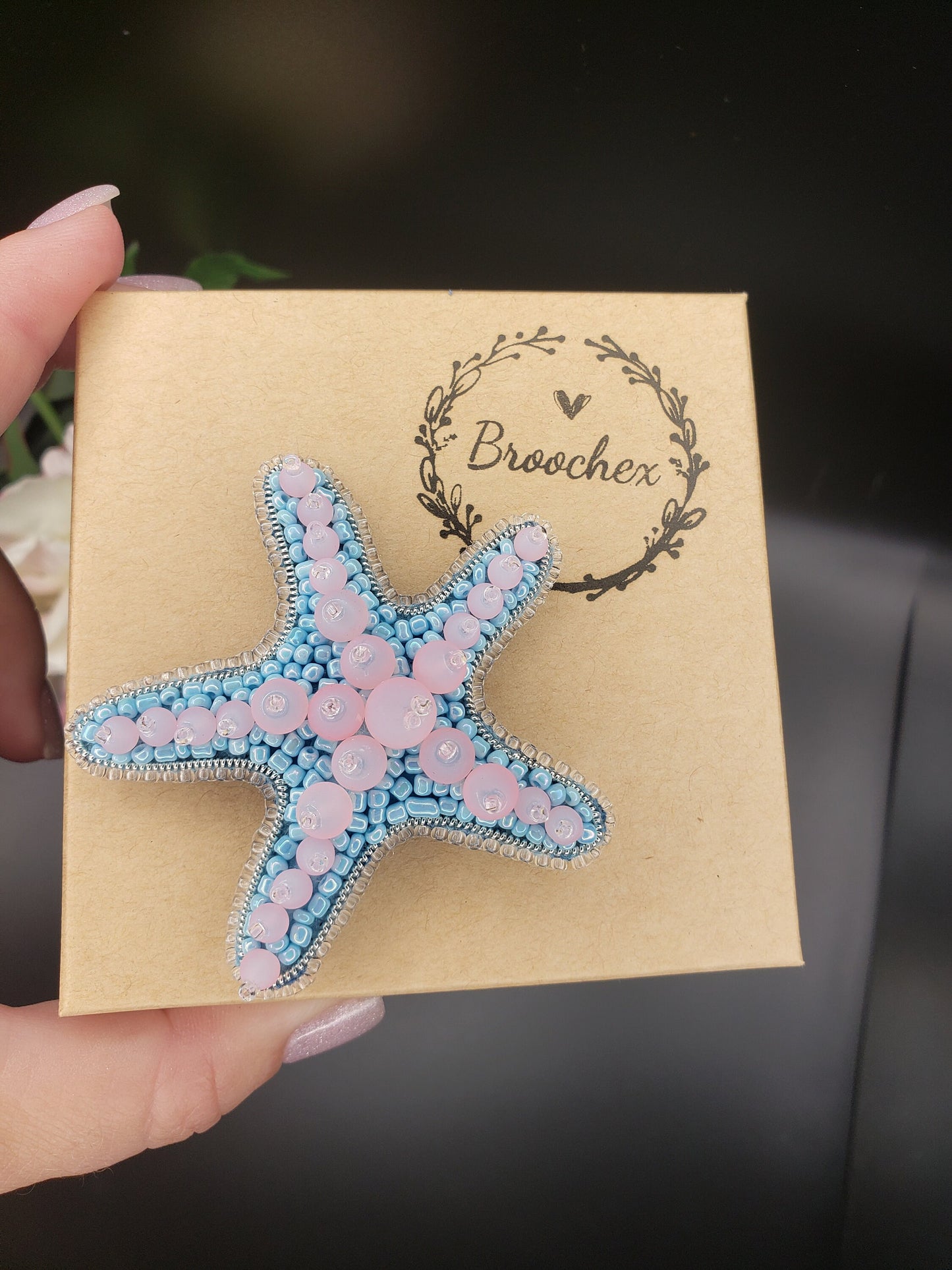 Handcrafted Starfish Brooch: Glass Pearls, Ocean Theme