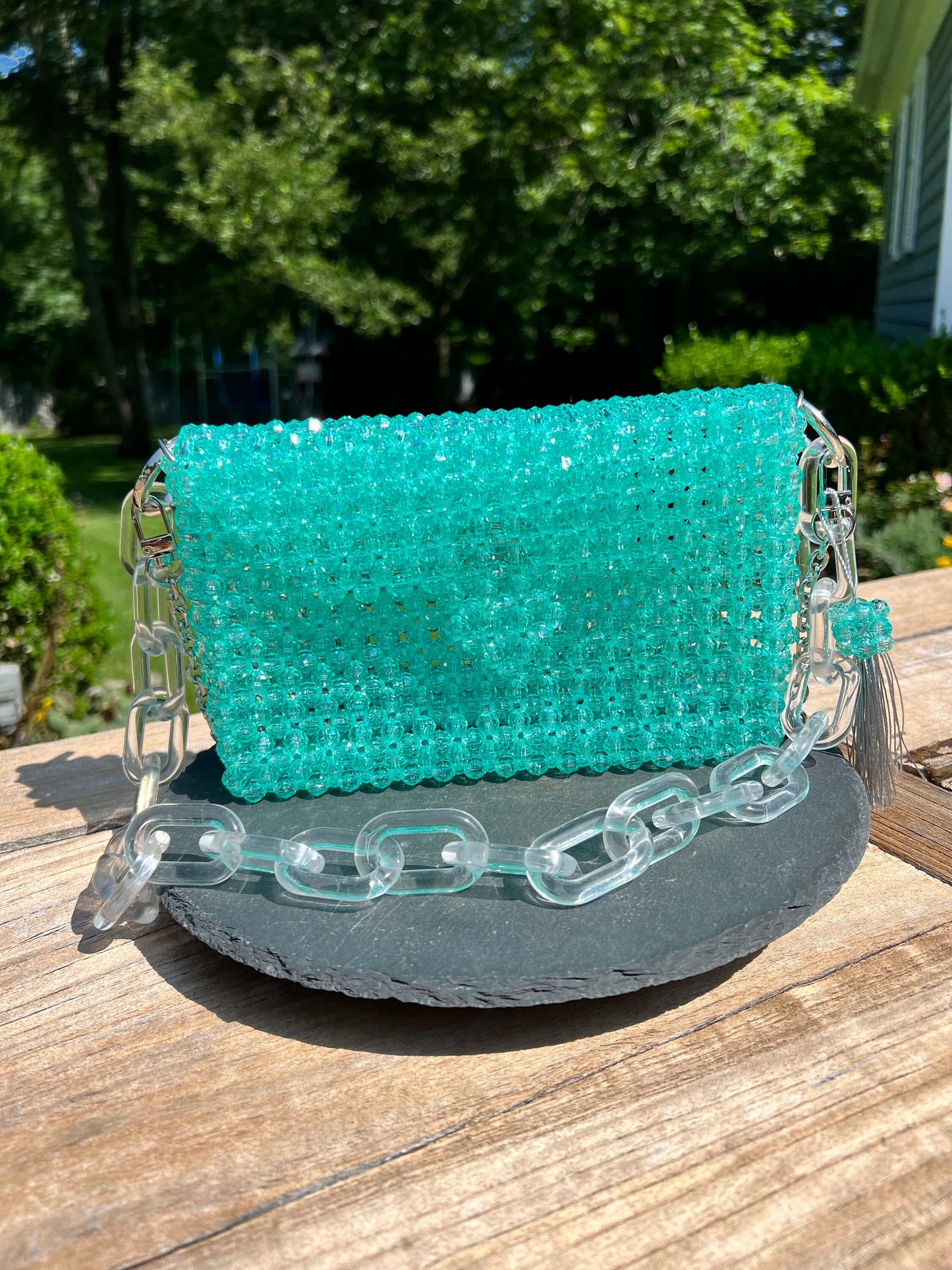 Teal Beaded Shoulder Bag: Modern Acrylic Chain Crossbody