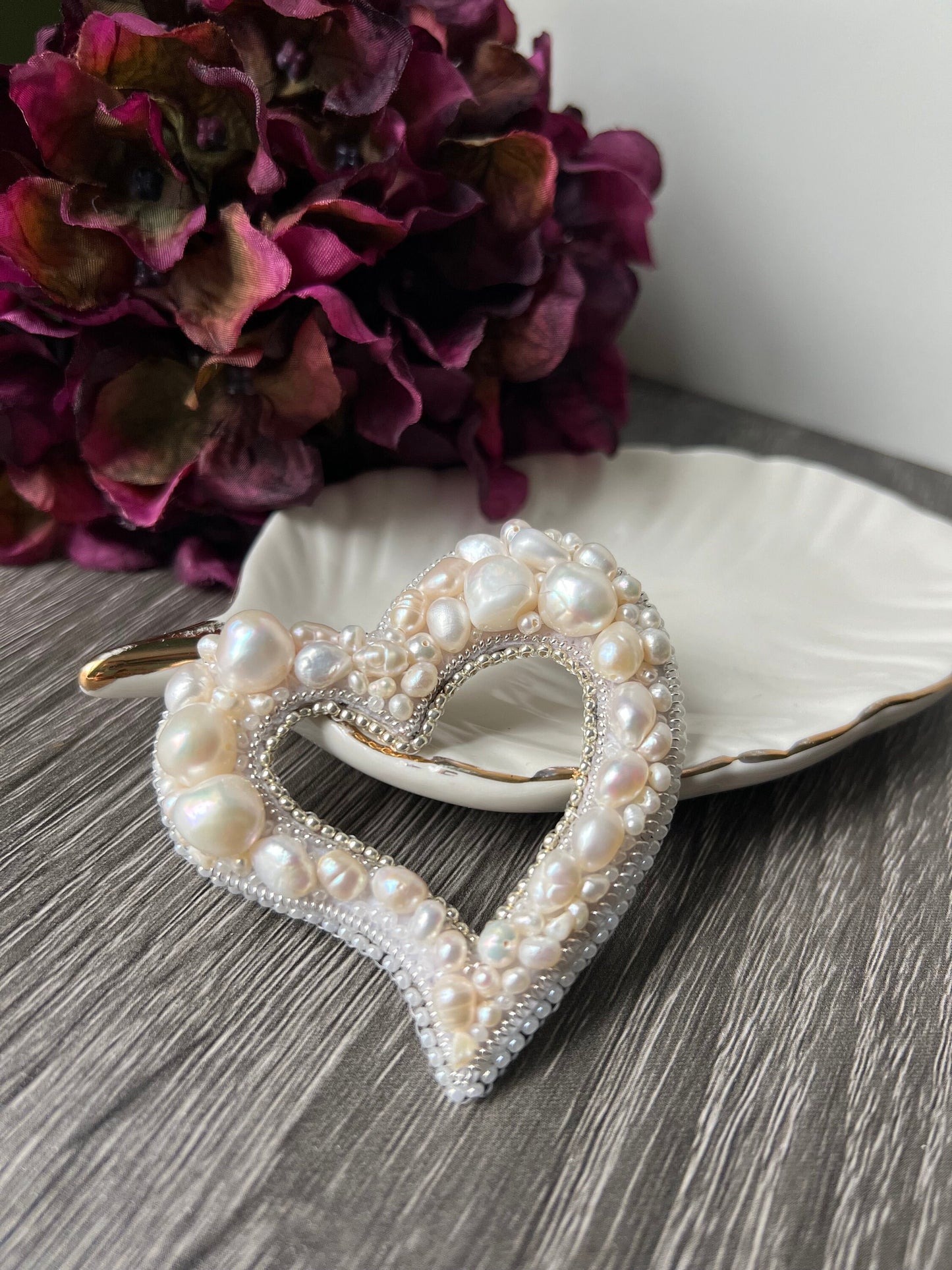 White Bliss: heart shaped freshwater pearl beads brooch/pin, pearl gift,