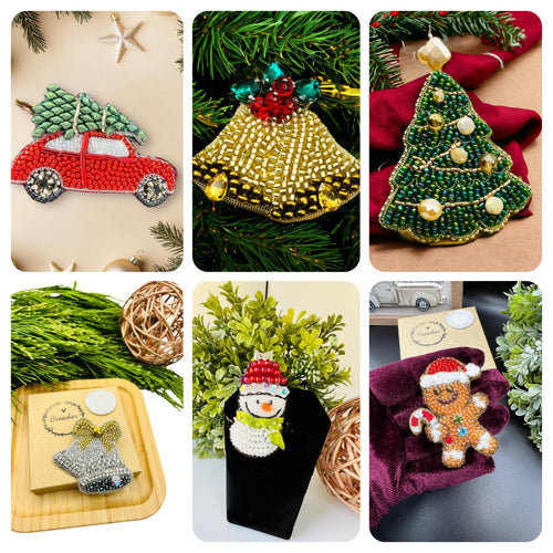 Beaded Christmas Brooch: Holiday Car, Tree, Bells, Snowman