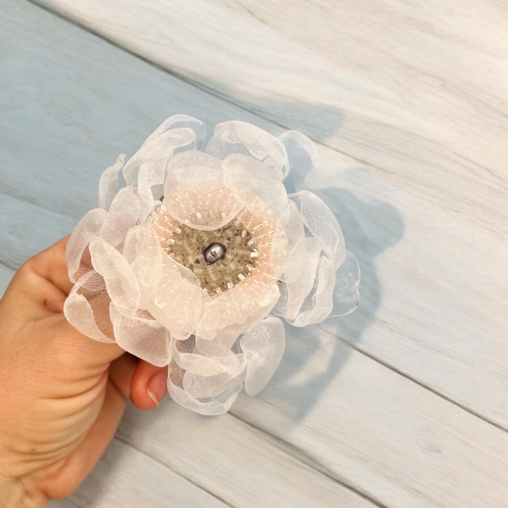 Handcrafted Organza Anemone Flower Pin: Embroidered Beaded Hair Clip