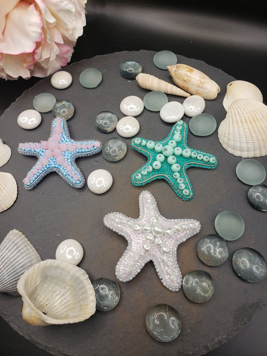 Handcrafted Starfish Brooch: Glass Pearls, Ocean Theme