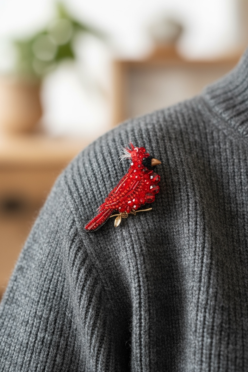 Red Cardinal Bird Pin – Handcrafted Beaded Brooch
