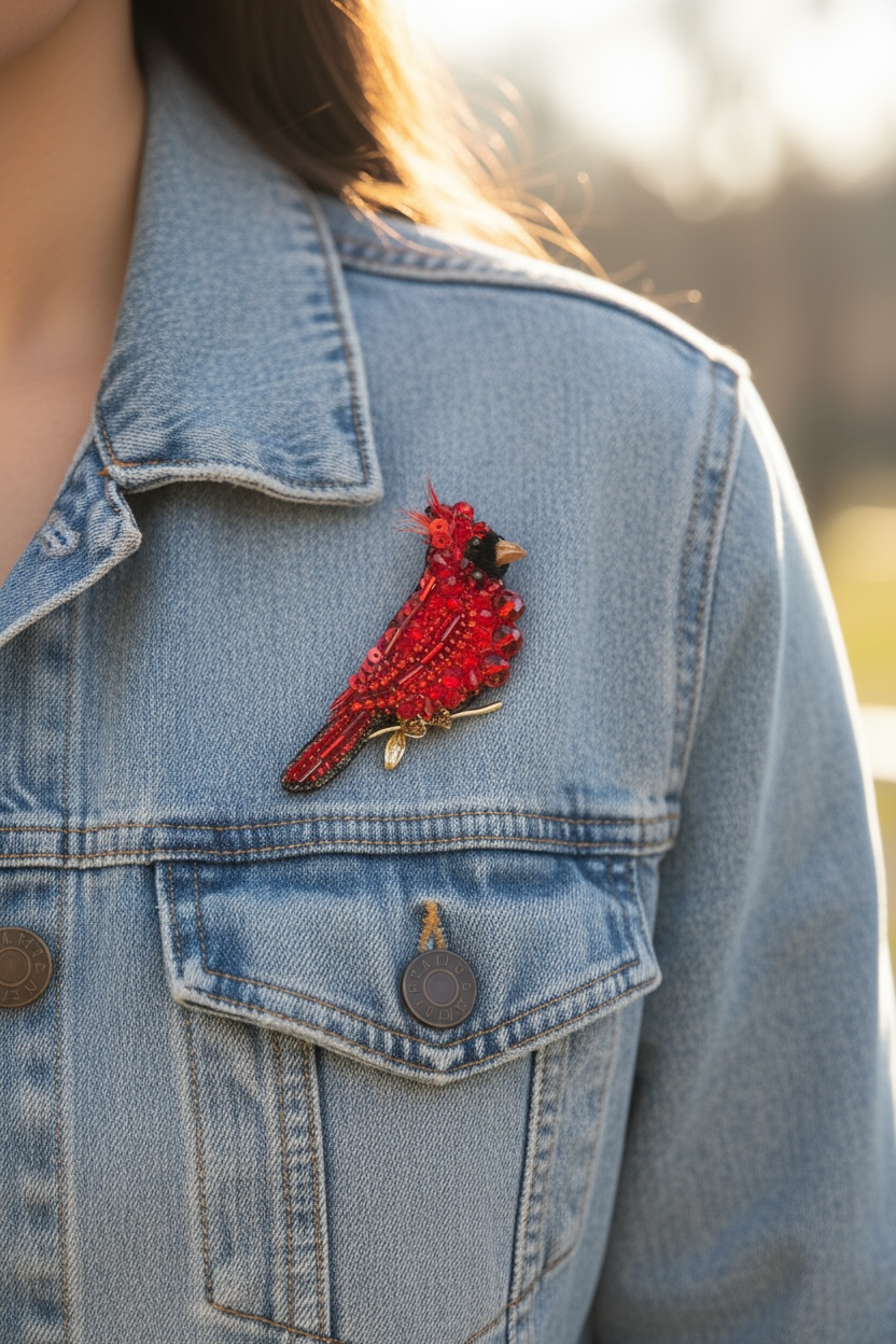 Red Cardinal Bird Pin – Handcrafted Beaded Brooch