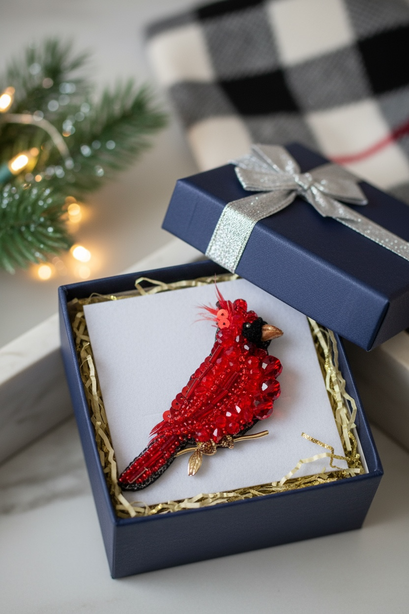 Red Cardinal Bird Pin – Handcrafted Beaded Brooch
