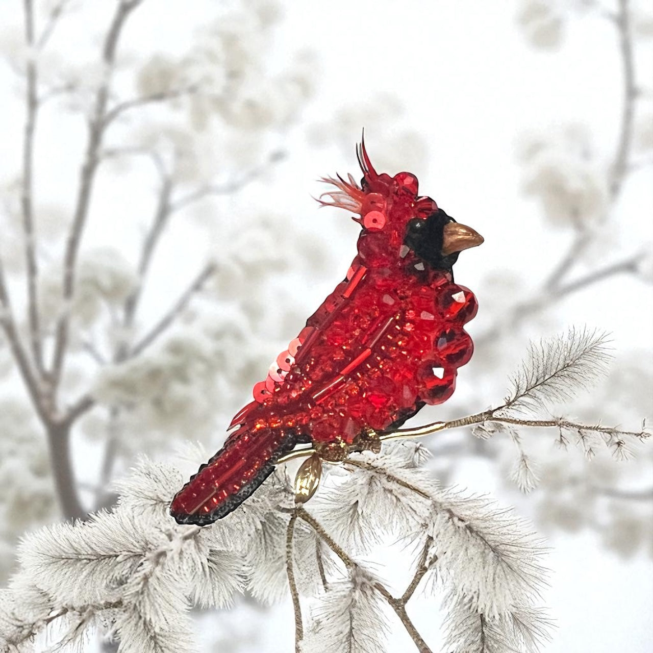 Red Cardinal Bird Pin – Handcrafted Beaded Brooch
