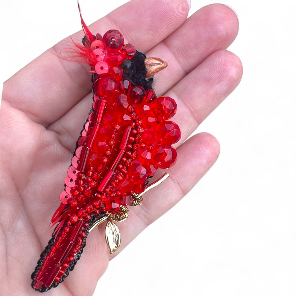 Red Cardinal Bird Pin – Handcrafted Beaded Brooch