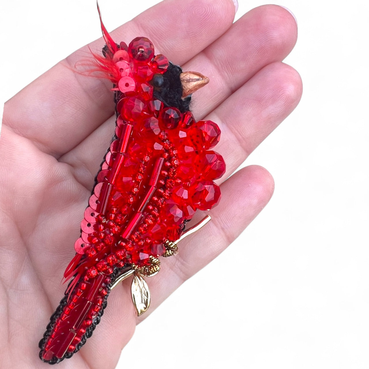 Red Cardinal Bird Pin – Handcrafted Beaded Brooch