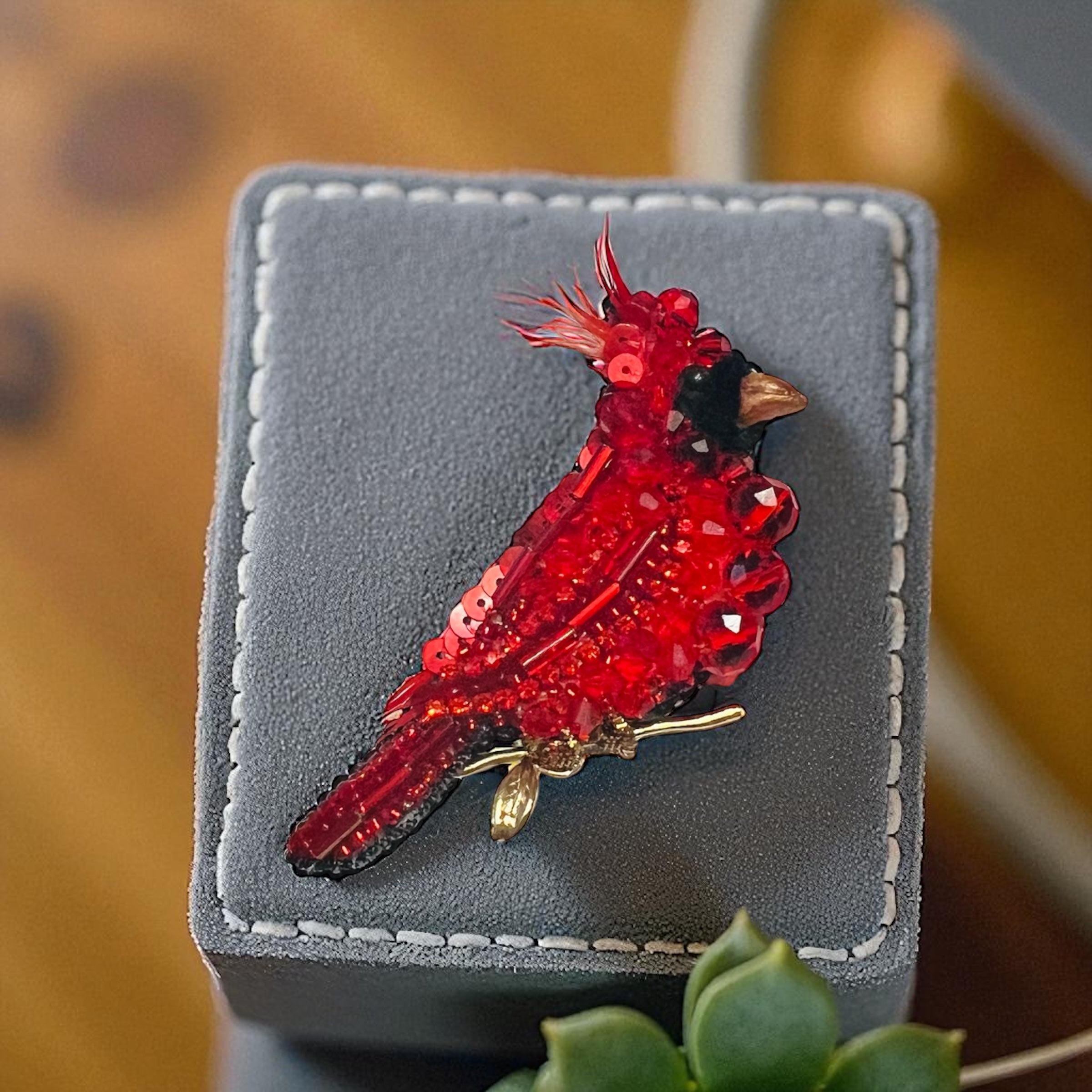 Red Cardinal Bird Pin – Handcrafted Beaded Brooch