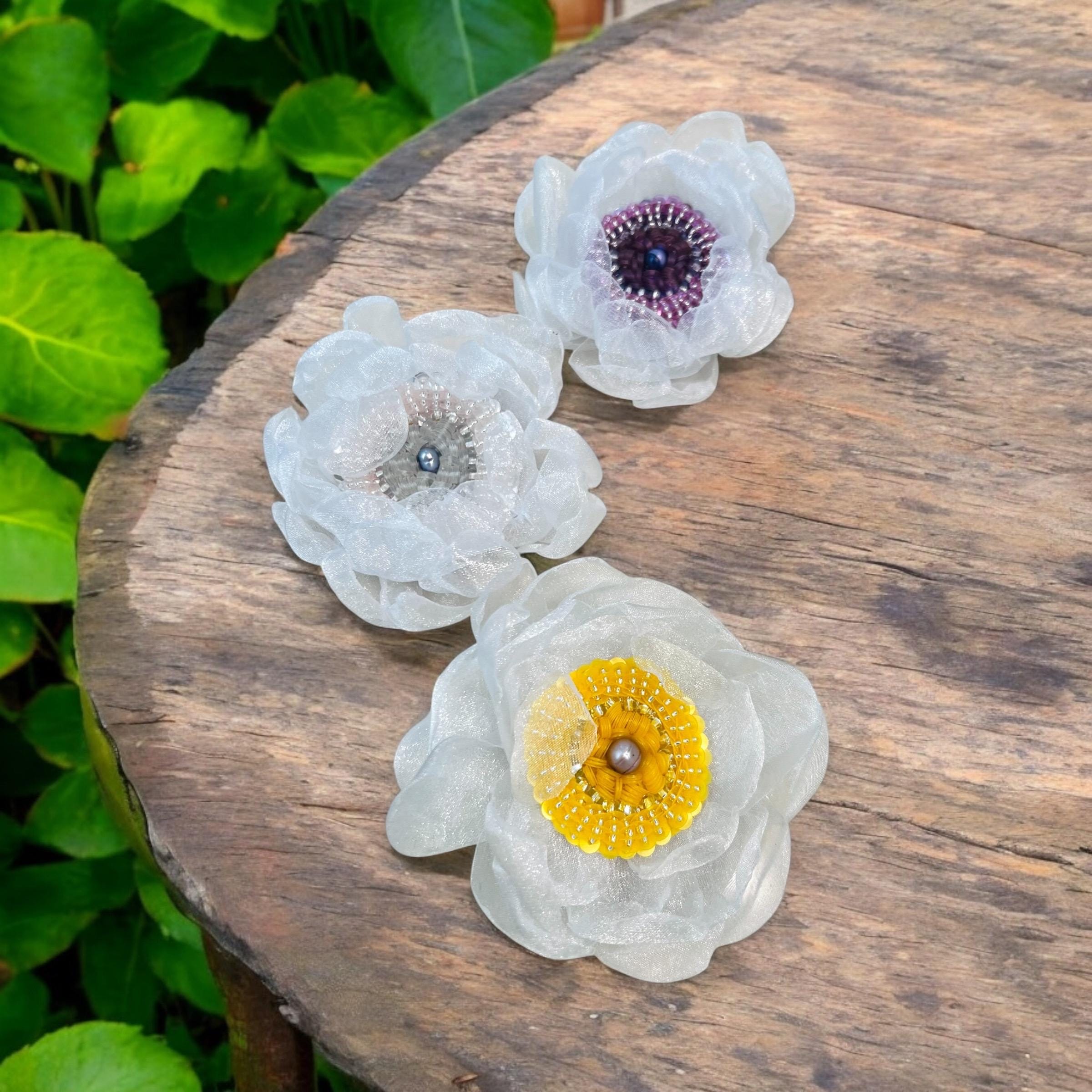 Handcrafted Organza Anemone Flower Pin: Embroidered Beaded Hair Clip