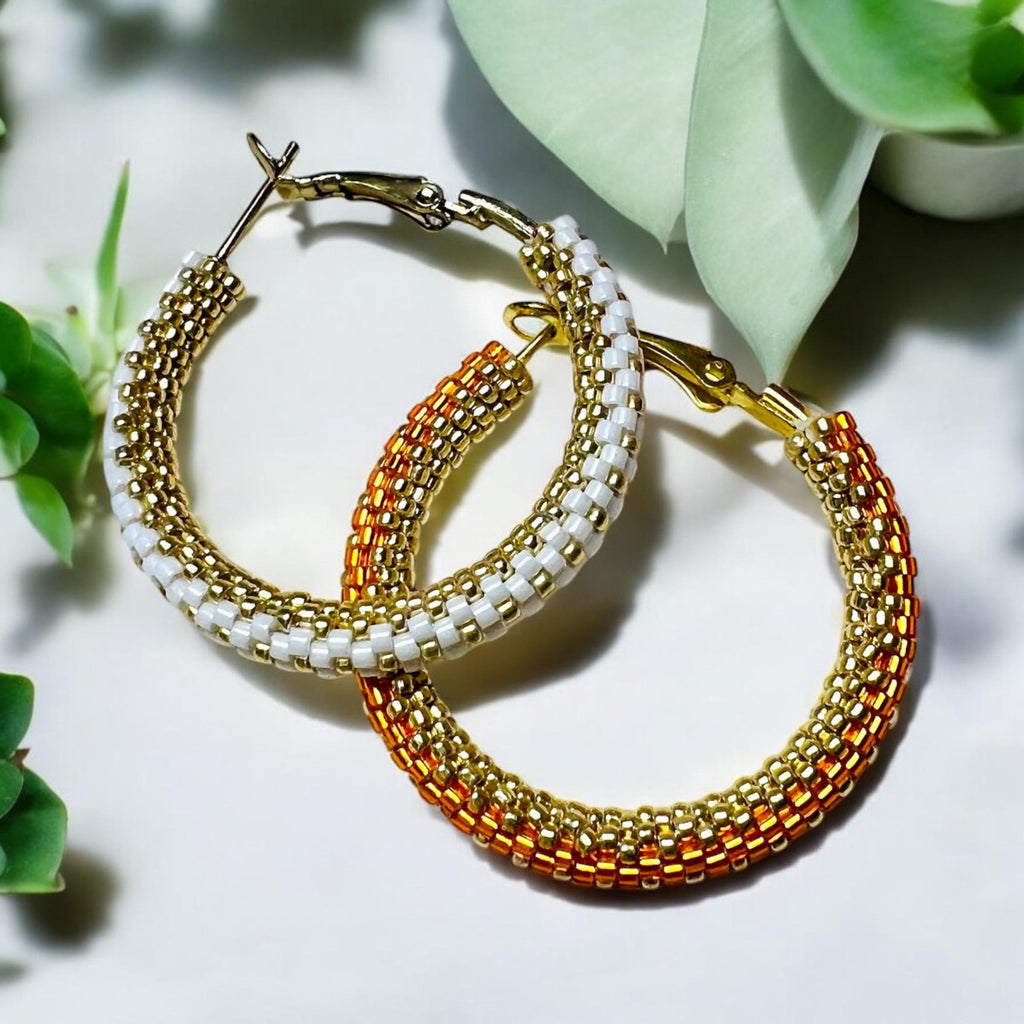 Shimmering peyote stitch hoop earrings, summer hoop earrings