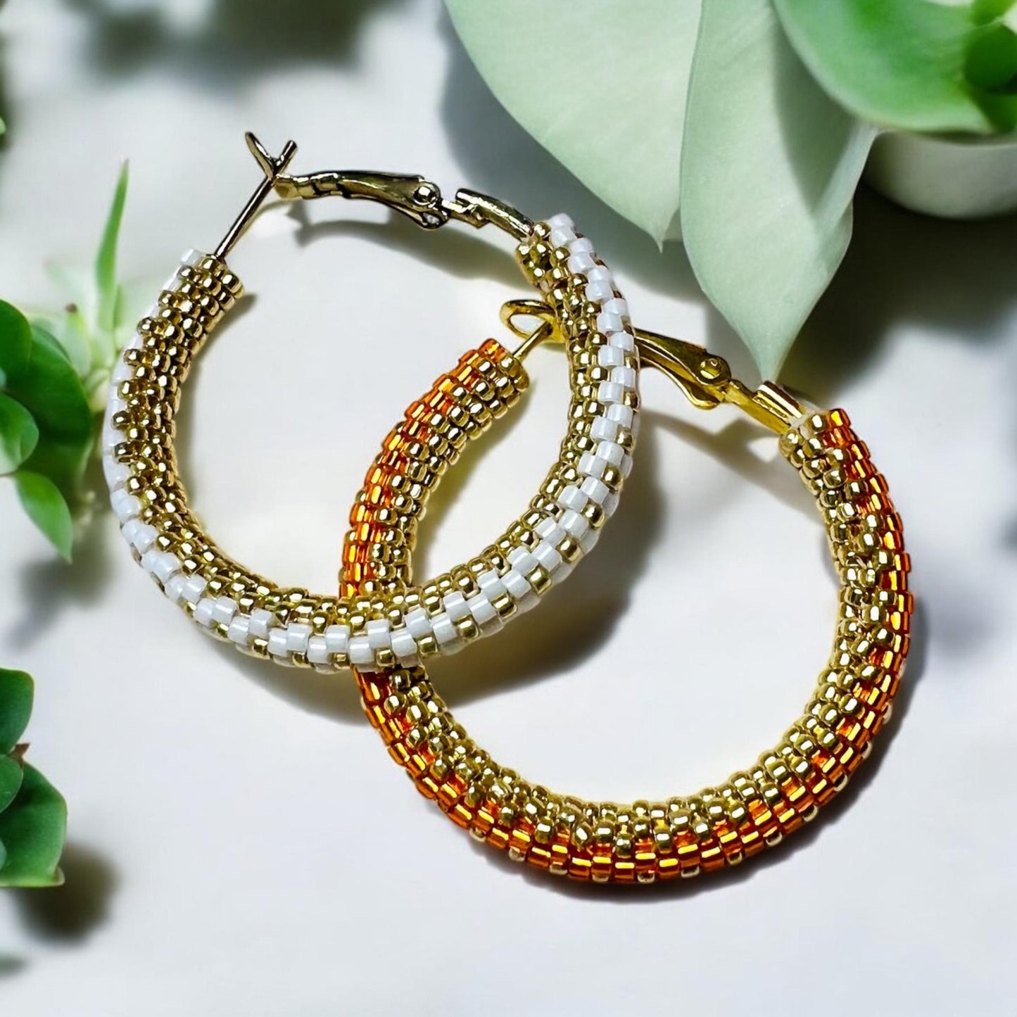 Shimmering peyote stitch hoop earrings, summer hoop earrings