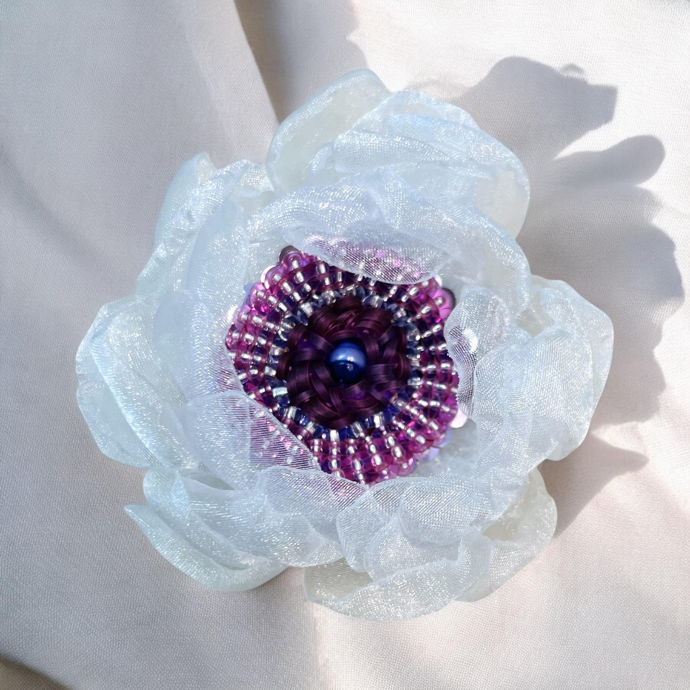 Handcrafted Organza Anemone Flower Pin: Embroidered Beaded Hair Clip
