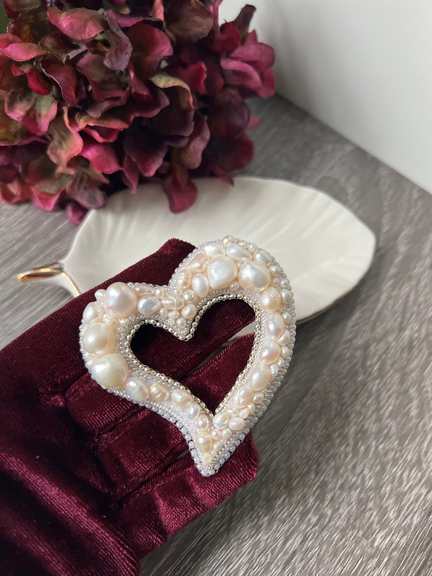White Bliss: heart shaped freshwater pearl beads brooch/pin, pearl gift,