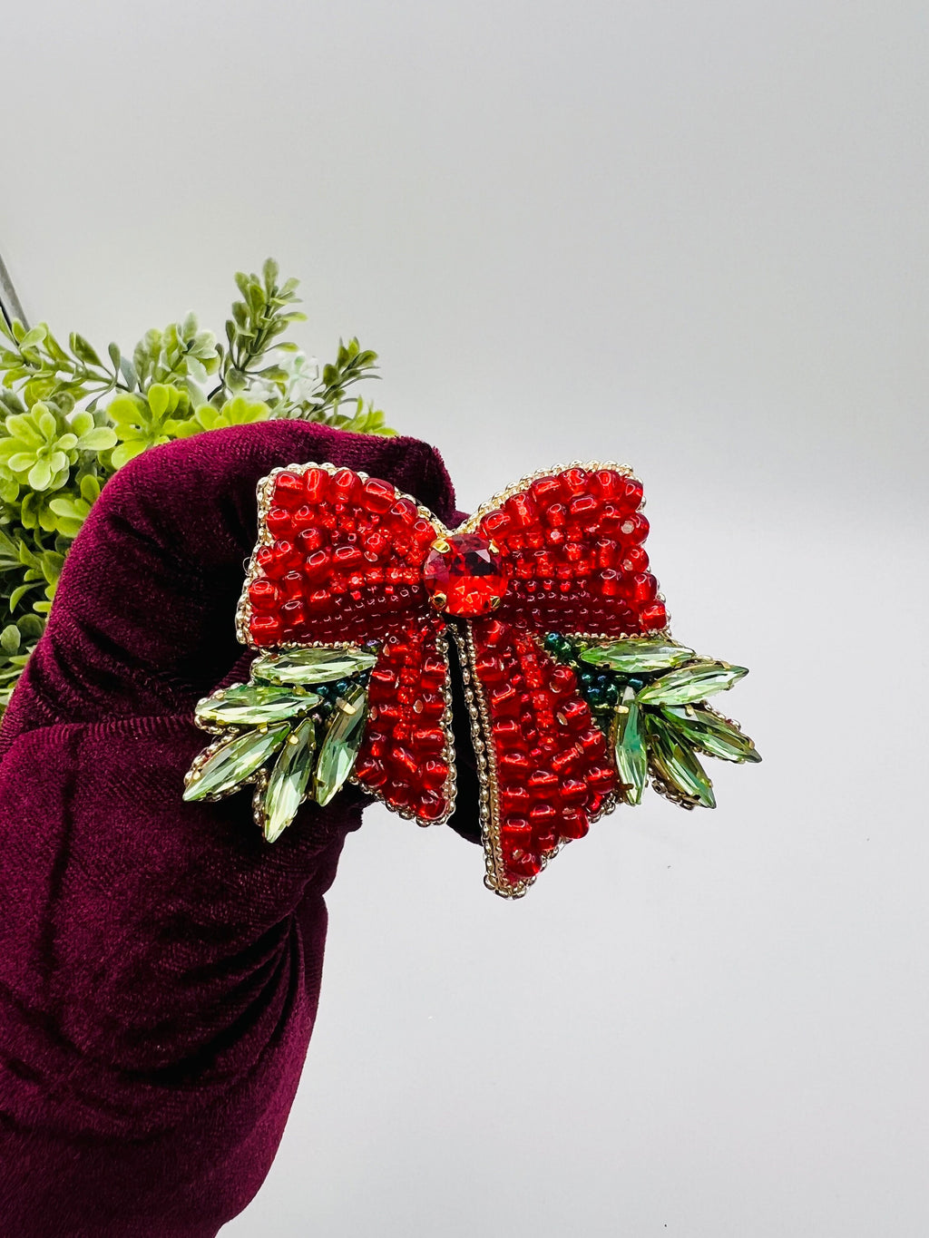 Red Crystal Bow Brooch: Festive Holiday Pin